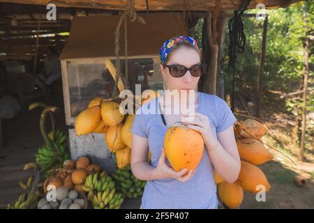 A young blonde female backpacker tourist drinks from a refreshing tropical king coconut or thambili (Cocos nucifera) at a rural village roadside fruit Stock Photo