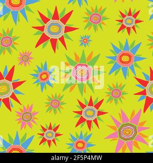 Seamless vector pattern with flowers on bright yellow background. Hippy festive repeat wallpaper.  Summer festival design. Stock Vector