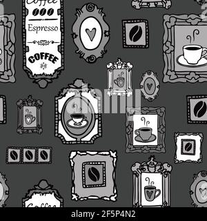 Seamless vector pattern with coffee in picture frame on grey background. Cafe wallpaper design with coffee beans on wall. Stock Vector