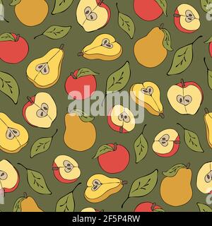 Seamless vector pattern with apples and pears on green background. Simple wallpaper design with fruit. Health eating. Stock Vector