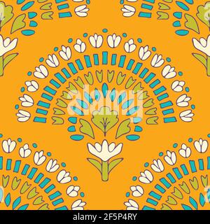 Seamless vector pattern with flower fan on bright yellow background. Mandala floral wallpaper design. Decorative summer fashion textile. Stock Vector