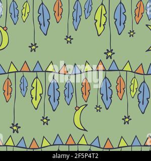 Seamless vector pattern with hanging moon and stars on light green background. Gentle pastel wallpaper design with feathers. Stock Vector