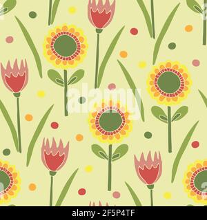 Seamless vector pattern with hand drawn flowers on green background. Cute summer garden wallpaper design. Sunflower and tulips fashion textile. Stock Vector