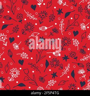 Seamless vector pattern with small flowers on red background. Simple vintage floral wallpaper design. Cute retro fashion textile. Stock Vector