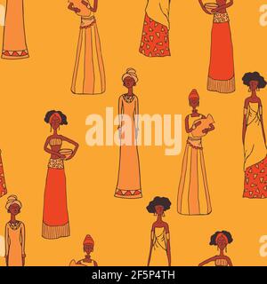 Seamless vector pattern with beautiful women on bright yellow background. African tribe wallpaper design. Decorative people fashion textile. Stock Vector