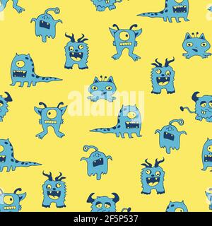 Seamless vector pattern with cartoon monsters on yellow background. Simple fun wallpaper design for children. Kids fashion textile. Stock Vector