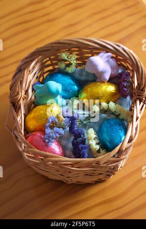 Basket with easter eggs, bunnies and flowers on a wooden table.