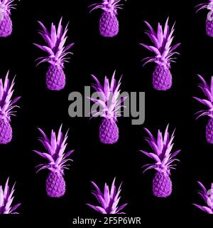 Seamless pattern of pink pineapples isolated on black background. Exotic tropical fruit Stock Photo