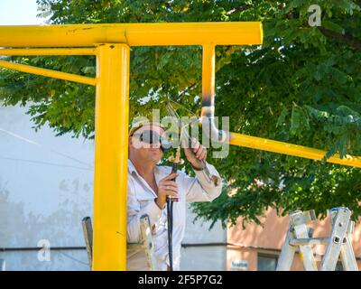 Feodosiya, Crimea - September 15, 2020: Domestic gas supply pipe welding Stock Photo