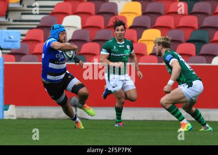 Brentford, England. 27 March 2021. Zach Mercer of Bath during the Gallagher Premiership match between London Irish and Bath at Brentford Community Stadium. Credit: Richard Perriman/Alamy Live News Stock Photo