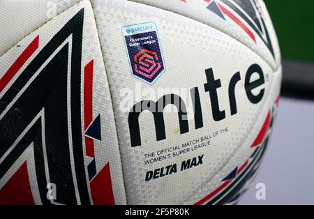 Close up detail on the Mitre Delta Max official match ball, before the FA Women's Super League match at the Tottenham Hotspur Stadium, London. Picture date: Saturday March 27, 2021. Stock Photo