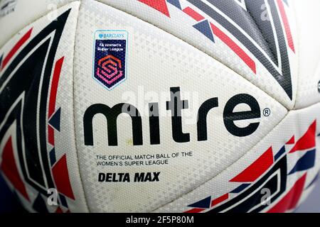 Close up detail on the Mitre Delta Max official match ball, before the FA Women's Super League match at the Tottenham Hotspur Stadium, London. Picture date: Saturday March 27, 2021. Stock Photo