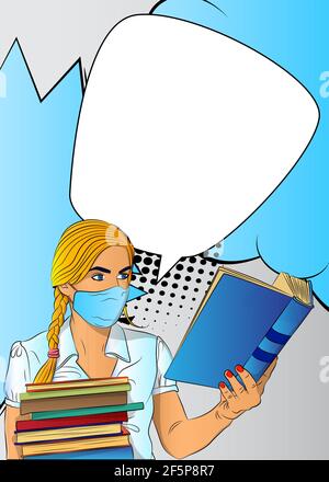 Female student, girl carrying a stack of books and reading, wearing face mask. College University or High School schoolgirl. Comic book style vector i Stock Vector