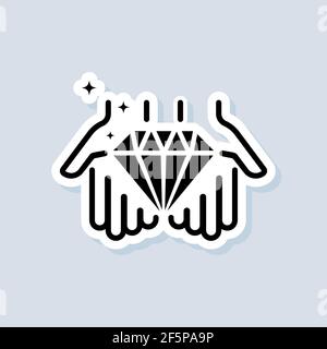 Hand holds diamond sticker. Value concept line icon. Diamond gem in hand icon, luxury crystal or brilliant, outline jewel. Vector on isolated white ba Stock Vector
