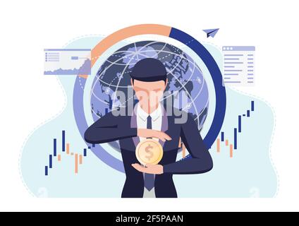 Businessman Holding Dollar Coin in His Hand. Money Protection and Financial Concept. Stock Vector