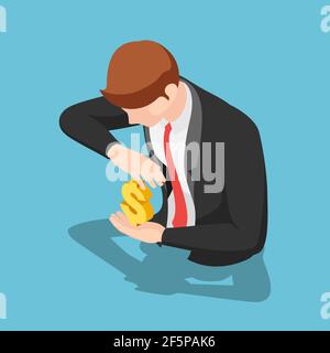 Flat 3d Isometric Businessman Protecting Dollar Sign. Money Protection Concept. Stock Vector