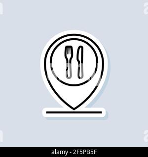 Food location sticker. Mobile app icon public catering point. App symbol restaurant address location. Pointer cursor with knife fork. Vector on isolat Stock Vector