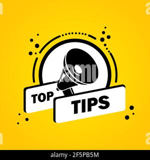 Megaphone with Top tips speech bubble banner. Loudspeaker. Label for business, marketing and advertising. Vector on isolated background. EPS 10. Stock Vector