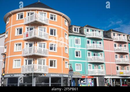 Baravin,cocktail,bar,lounge,and colourful, apartments,on,waterfront,with sea views,in, Aberystwyth,Cardigan Bay,student,university,coast,coastal,town,in,Ceredigion,Mid,West,Wales,Welsh,GB,Great Britain,Britain,British,UK,United Kingdom,Europe,Image taken on Friday March 27th 2021,the last day of lockdown. From 27th March 2021 Welsh residents have been allowed/permitted to travel anywhere within Wales as Stay Local,and prior to that Stay at Home rules have been scrapped.Getting outside,outdoors,has been seen as a good way of improving mental health during lockdown. Stock Photo