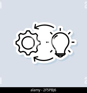 Implementation sticker. Lamp with gears. Vector on isolated background. EPS 10. Stock Vector
