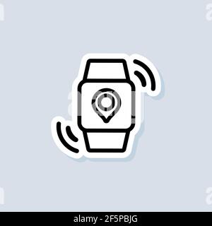 Smart Watch with Pinpoint Location sticker. Transportation schedule mobile app notification night mode. Arrival time on screen. GPS tag on smart watch Stock Vector