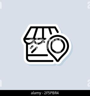 Supermarket location sticker. Shop with pinpoint location. Grocery store nearby. Supermarket logo. Vector on isolated background. EPS 10. Stock Vector