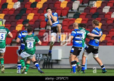 Brentford, England. 27 March 2021. Will Muir of Bath during the Gallagher Premiership match between London Irish and Bath at Brentford Community Stadium. Credit: Richard Perriman/Alamy Live News Stock Photo