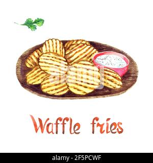 Waffle fries on woodenplate with sauce, isolated on white hand painted watercolor illustration with handwritten inscription Stock Photo