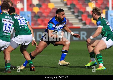 Brentford, England. 27 March 2021. Joe Cokanasiga of Bath during the Gallagher Premiership match between London Irish and Bath at Brentford Community Stadium. Credit: Richard Perriman/Alamy Live News Stock Photo