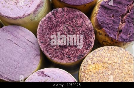 Makro closeup of pile isolated wine corks with red tartrate (focus on ...