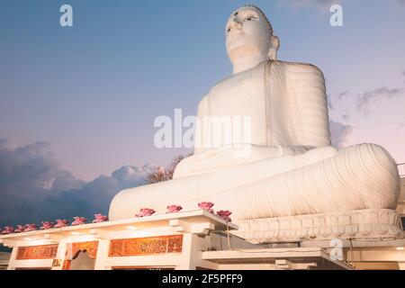 Steps leading up to the giant white Buddha statue illuminated at night at Sri Maha Bodhi Viharaya, a Buddhist temple at Bahirawakanda in Kandy, Sri La Stock Photo