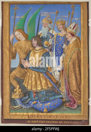 Louis XII of France Kneeling in Prayer, Accompanied by Saints Michael, Charlemagne, Louis, and Denis. Jean Bourdichon (French, 1457 - 1521) Stock Photo