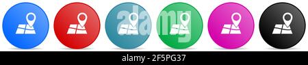 Gps, map, travel vector icons, set of circle gradient buttons in 6 colors options for webdesign and mobile applications Stock Vector