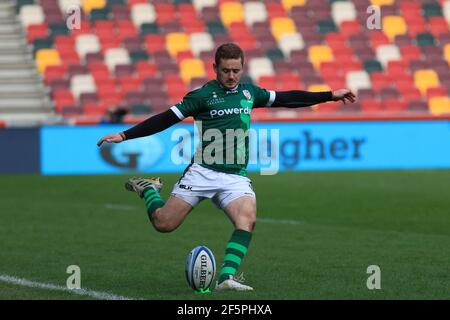 Brentford, England. 27 March 2021. Paddy Jackson of London Irish during the Gallagher Premiership match between London Irish and Bath at Brentford Community Stadium. Credit: Richard Perriman/Alamy Live News Stock Photo