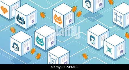 NFT cryptoart and code on virtual blocks, non-fungible tokens marketplace and blockchain concept Stock Vector