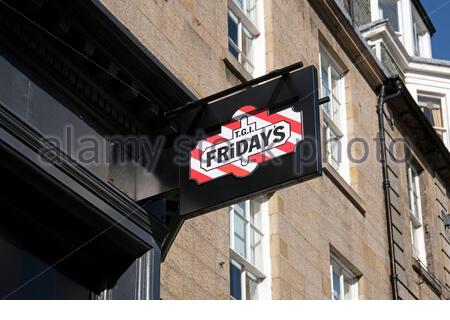 T.G.I. Friday's sign, casual American themed dining, Castle Street, Edinburgh, Scotland Stock Photo