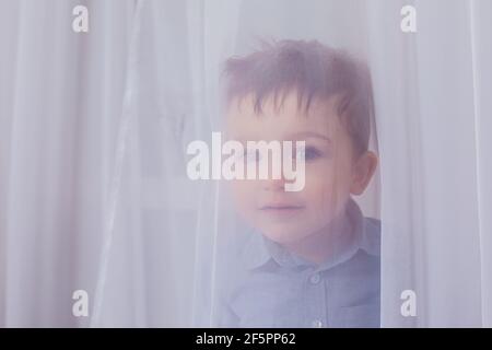 the small child looks through a curtain in the room Stock Photo