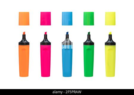 Multi-colored marker pens on isolated white background Stock Photo