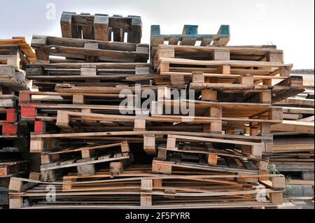 Stacked wooden pallets closeup detail. Stock Photo