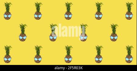 Pattern with pineapple fruit in a sunglasses - on an pastel yellow background. Ultimate grey colored glasses. Summer concept - stylish vacation, juicy Stock Vector