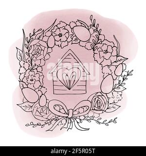 Scetch of Easter wreath of flowers decorated with painted eggs, ribbon and house with a window. Vector illustration in the style of line-art handdrawn Stock Vector