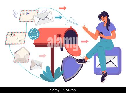 Mailing and Email marketing concept with woman getting and sending messages, flat vector illustration isolated on white background. Secure email servi Stock Vector