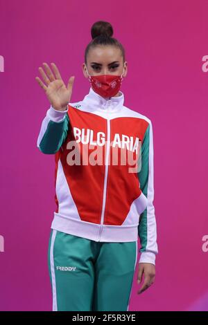 Sofia, Bulgaria - 27 March, 2021: Katrin Taseva of Bulgaria attends on the podium at the 2021 Rhythmic Gymnastics 'Sofia World Cup'. Stock Photo