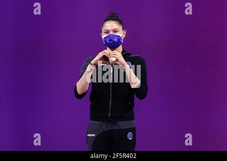 Sofia, Bulgaria - 27 March, 2021: Milena Baldassarri of Italy attends on the podium at the 2021 Rhythmic Gymnastics 'Sofia World Cup'. Stock Photo