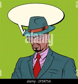 elegant retro african businessman Stylish man in a suit and hat Stock Vector