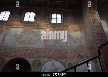 Reichenau Island. Church of Saint George. 10th-century frescoes. The Healing of the Man Born Blind; The Calming oft he Storm on the Sea of Galilee. Stock Photo