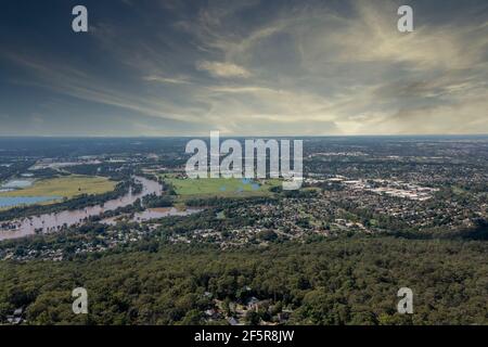 Aerial view of flooding of the Nepean River and the Sydney International Regatta Centre in Penrith in New South Wales in Australia Stock Photo