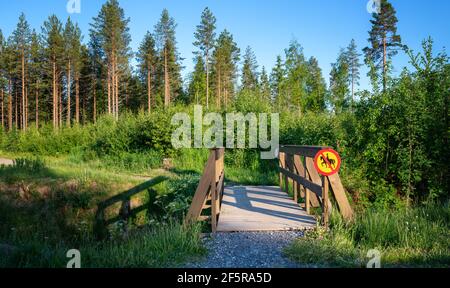 Small wooden pedestrian and bicycle bridge in forest. No horses allowed sign mounted at left side. Pine trees at background, sunny summer evening with Stock Photo