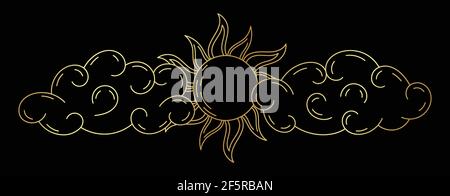 Minimalistic luxury vector gold illustration line art of clouds and the sun on a black background Stock Vector