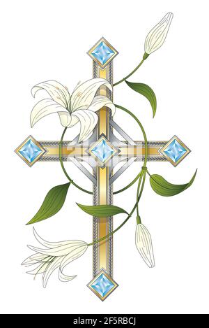 Sketch of an American traditional old school tattoo Christian Catholic cross with white lilies Stock Vector